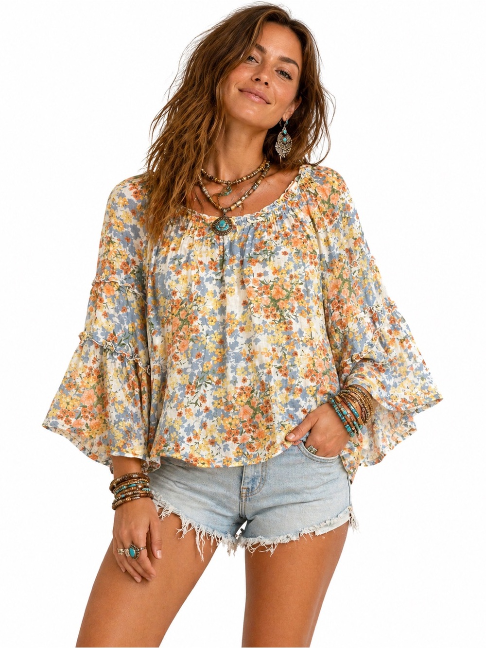 Hope & Harlow Bohemian Floral On or Off Shoulder Bell Sleeve Tunic Top